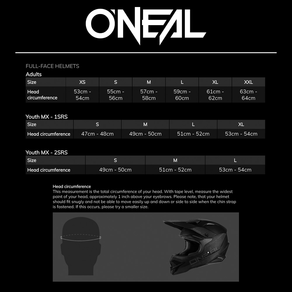Oneal helmet sizing chart